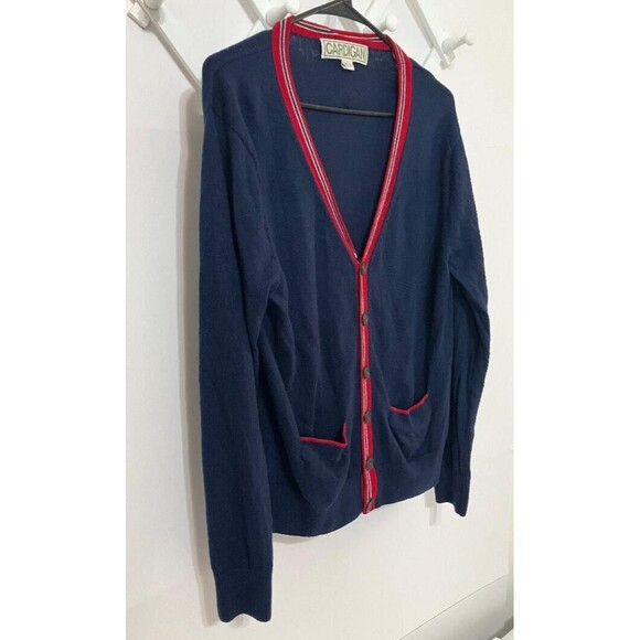CARDIGAN 100% Merino Wool Men's Cardigan Navy Blue Red Stripe Button Sweater M - Picture 2 of 11